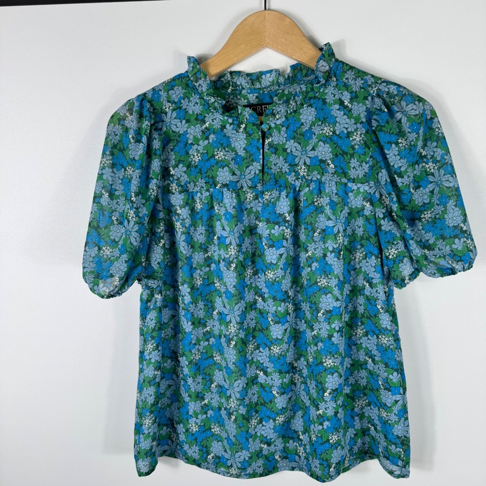 J.Crew Floral Ruffle Collar Puff Sleeve Blouse Womens XS Blue Green